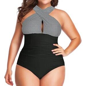 W YOU DI AN Stipe & Black Front Cross Backless Swimsuit Sz L
